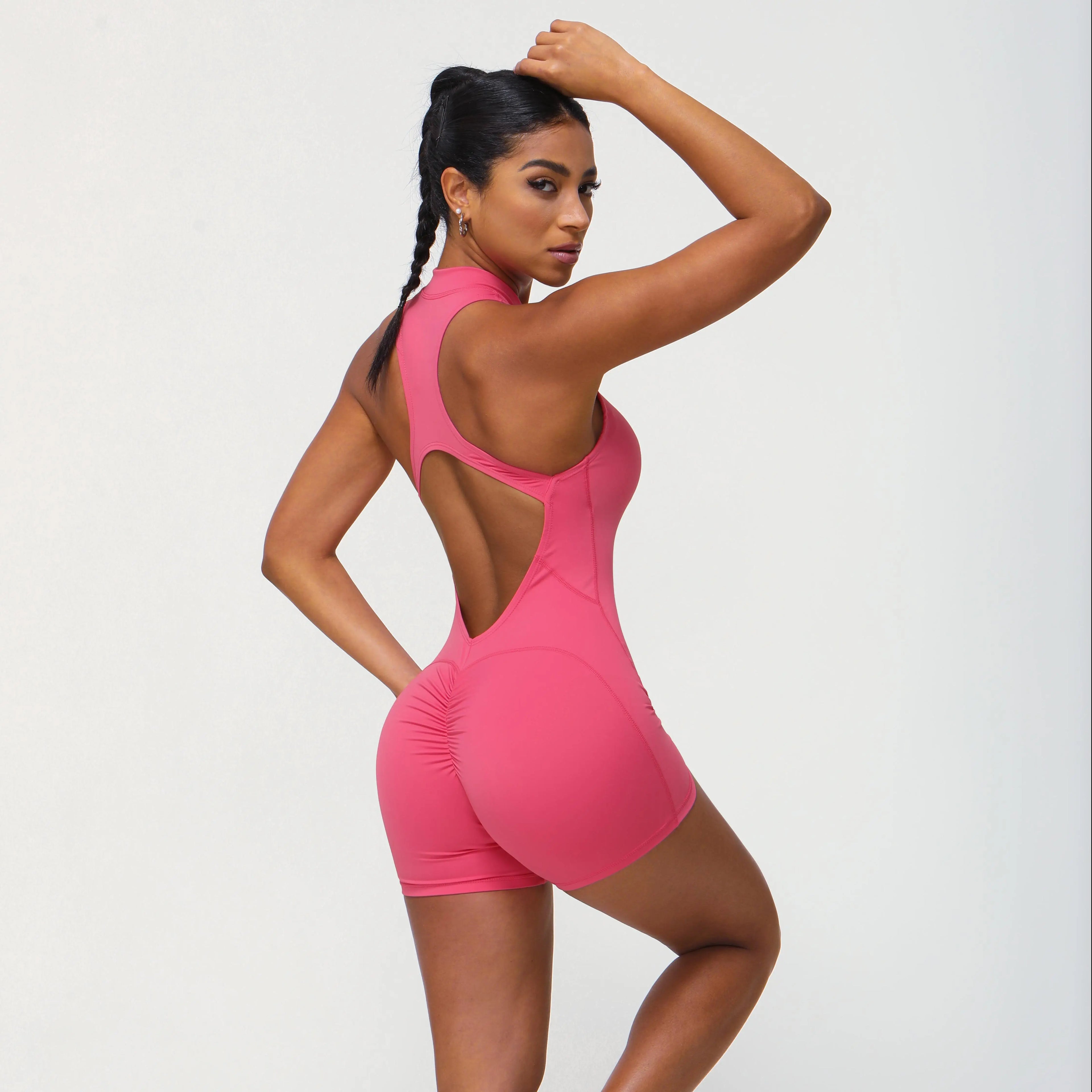 Women Jumpsuit Half Zip Shorts