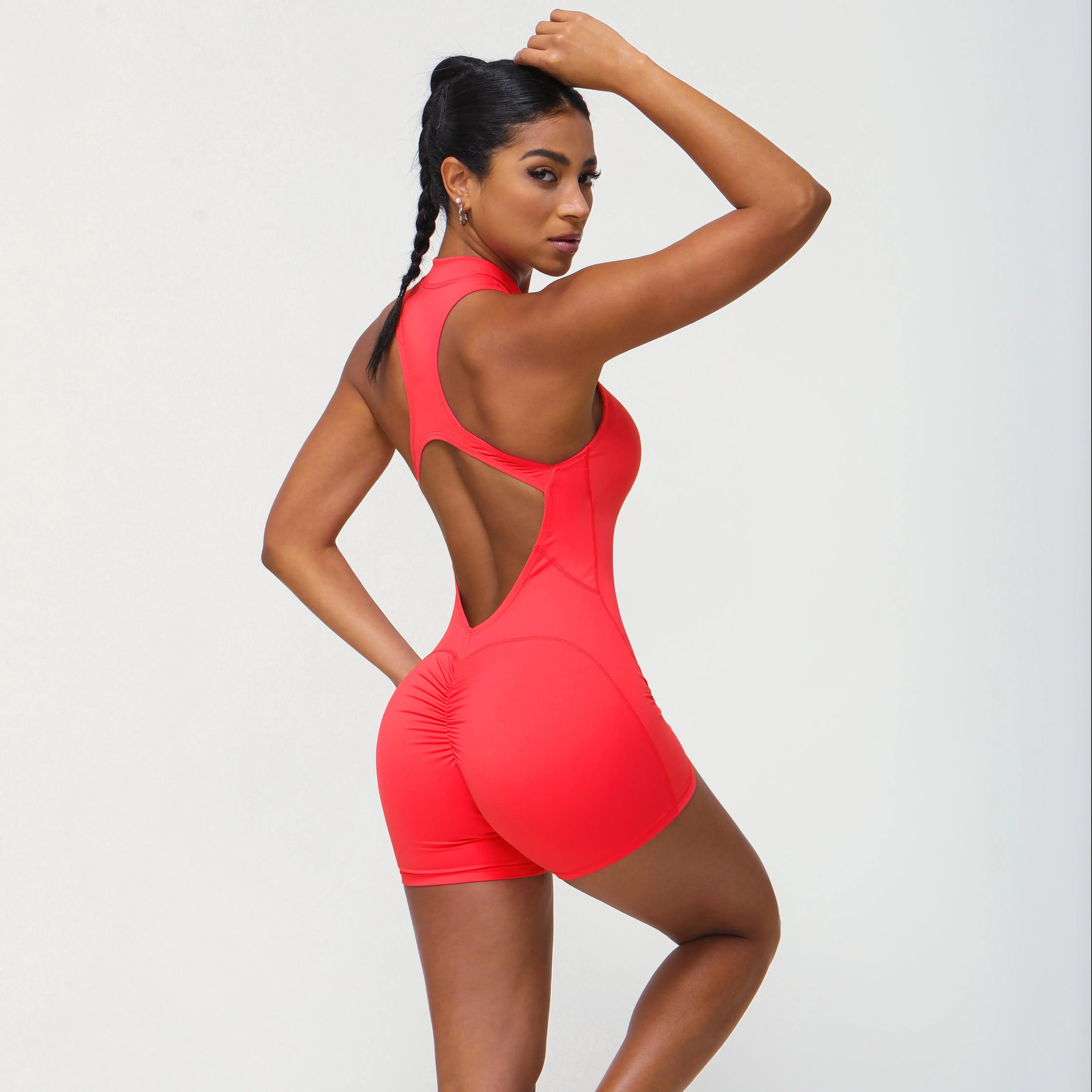 Women Jumpsuit Half Zip Shorts